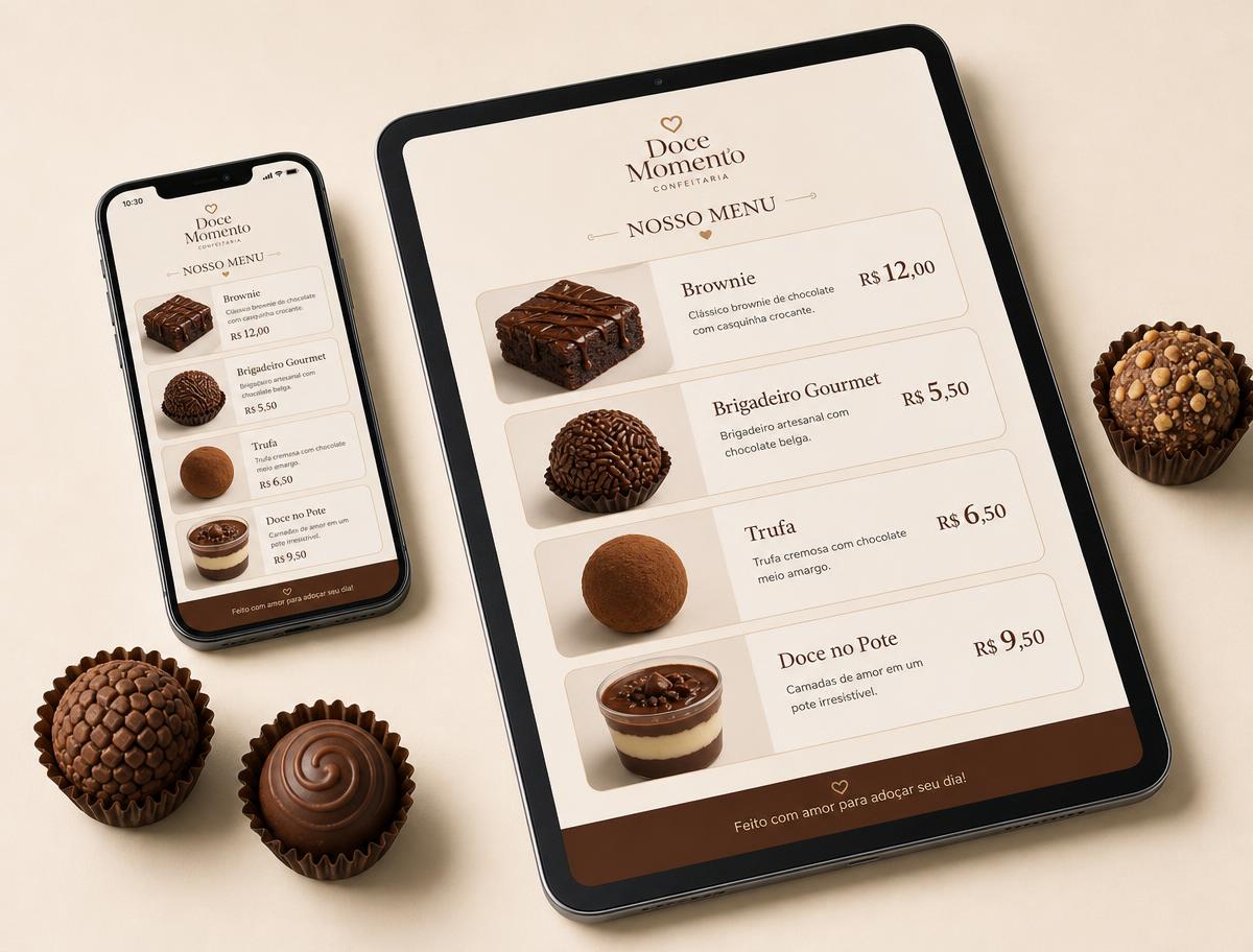 Celular e tablet exibindo um cardápio moderno de doces