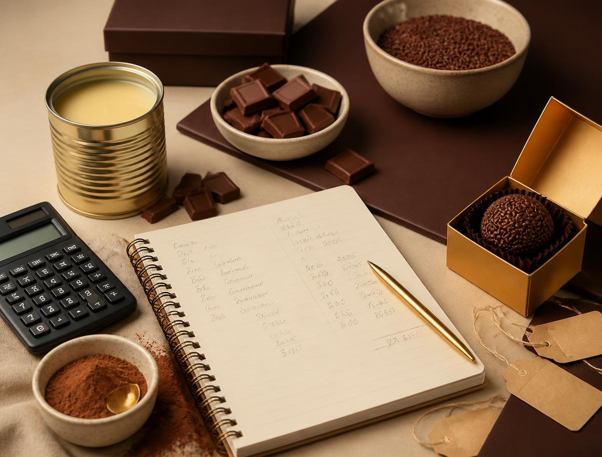 Calculadora, caderno, ingredientes e etiquetas de preço
