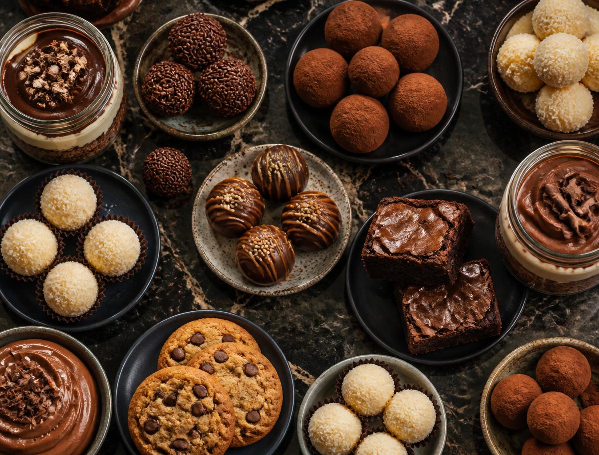 Composição com brigadeiros, brownie, trufas, cookies e doces no pote